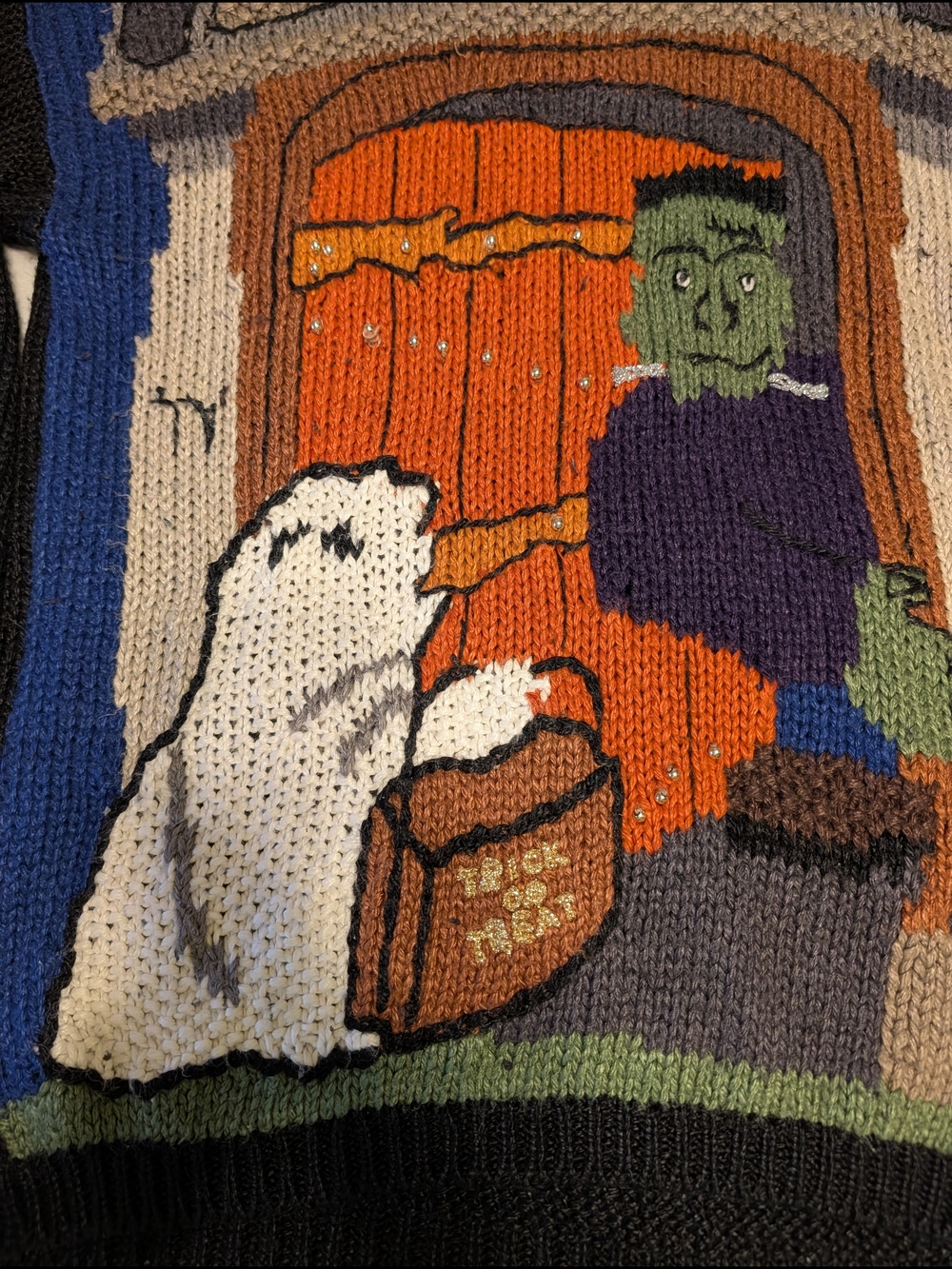 Black Halloween Crewneck Sweater with Frankenstein & Ghost Graphic - Picture 2 of 4